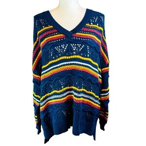 SUNDANCE Blue Open Weave Sweater P XL‎ V Neck Pullover Loose Fit Stripe Crochet